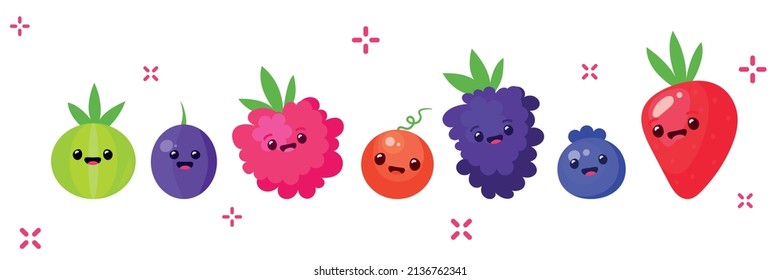 Forest berry and fruit plant. Sweet flavor jelly candy funny cute face. Juicy fresh berries, raspberry, gooseberry, lingonberry, blueberry, blackberry, strawberry, cartoon vector. Aroma therapy oil.