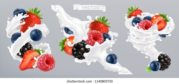 Forest berry and milk splash. Fruit and yogurt. 3d realistic vector icon