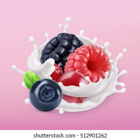 Forest berry and milk splash. Fruit and yogurt. Realistic illustration. 3d vector icon