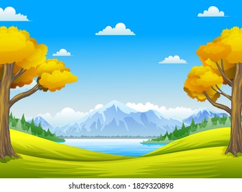forest with big tree, mountains and rivers

