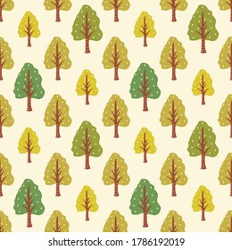 Forest big trees seamless flat vector pattern on light yellow background for wallpaper. Contemporary botanical summer endless fabric for packaging and textile.
