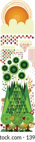 Forest with Big Tress And Falling Leaves cute kawaii rain animals and birds 