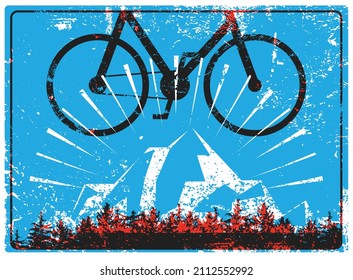 Paseos en bicicleta por el bosque. Afiche de estilo grunge tipo tipográfico de turismo ecológico. Ilustración vectorial retro.