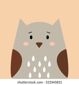 Forest bird, cute owl on orange background. Flat design.Vector Illustration.