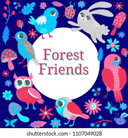 Forest Bird and Flowers cute background illustration card