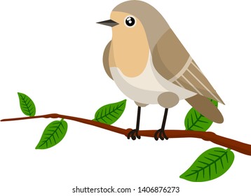 Forest bird sitting on a tree branch. Cute Animal with wings and green leaves. Illustration for greeting cards. Grey Nightingale. Cartoon flat illustration