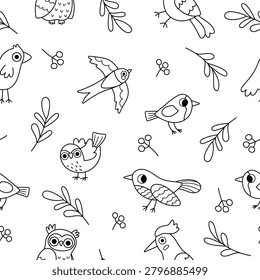 Forest birds black and white seamless pattern for kids. Vector woodland line repeat background with animal, twig, berry. Cute owl, swallow, finch, cuckoo, woodpecker digital paper, coloring page
