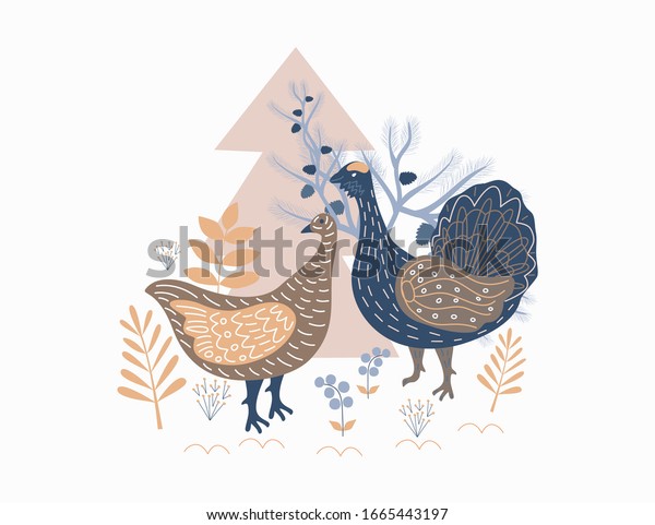 Forest\
birds, capercaillie, postcard, concept, banner. Nature of\
Scandinavia. Flat style. Vector\
illustration