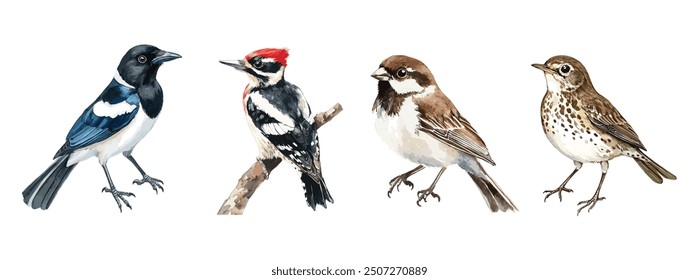 Colección de Aves Forestales. Ilustración de acuarela de pájaro carpintero dibujado a mano, urraca, gorrión y zorzal. Pájaros cantores europeos en primer plano sobre fondo blanco.