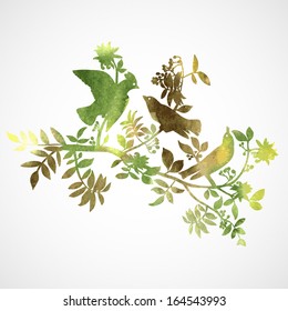 Forest birds on branches.  Illustration for greeting cards, invitations, and other printing and web projects.