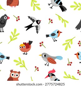Forest birds seamless pattern for kids. Vector woodland repeat background with animals, twigs, berries. Cute owl, swallow, robin, finch, cuckoo, crow, woodpecker digital paper. Woods wildlife texture
