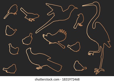 Forest birds silhouettes in bronze lines
