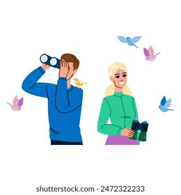 forest birdwatching  vector.  jungle woman, adult outdoor, wildlife watching forest birdwatching character. people flat cartoon illustration