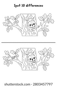 Forest black and white find differences game with squirrel in oak tree hollow with acorn. Woodland line activity with animal. Puzzle for kids with cute scene. Printable worksheet, coloring page