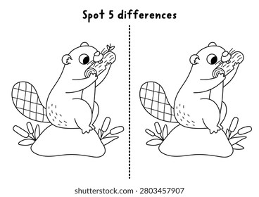 Forest black and white find differences game for children with beaver nibbling log. Woodland line activity with cute animal. Puzzle for kids, printable worksheet, coloring page