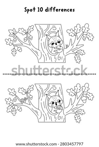 Forest black and white find differences game with squirrel in oak tree hollow with acorn. Woodland line activity with animal. Puzzle for kids with cute scene. Printable worksheet, coloring page