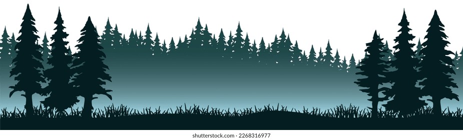 Forest black forest woods vector illustration banner landscape panorama - Green view silhouette of spruce and fir trees with misty fog, isolated on white background