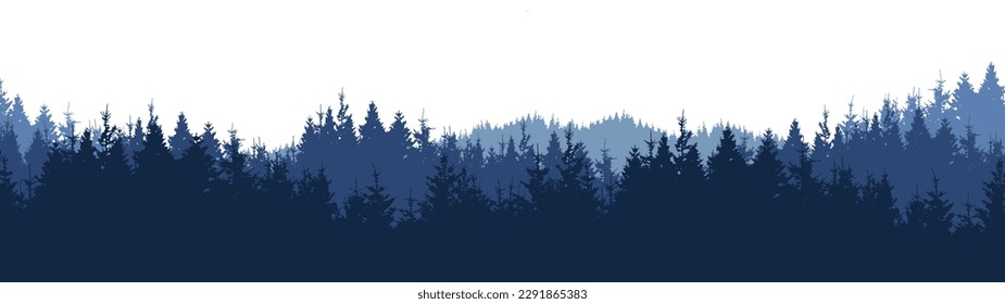 Wald mit schwarzem Wald Vektorgrafik Banner Landschaftspanorama lang - Blaue Silhouette aus Fichte und Tannen einzeln auf weißem Hintergrund