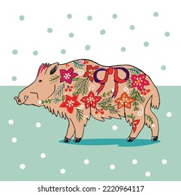 Forest boar animal doodle with christmas wreath vector illustration poster.