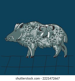 Forest boar animal doodle with christmas wreath vector illustration poster.