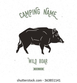 Forest boar vector illustration. European animals silhouettes vintage. Camping logo design.