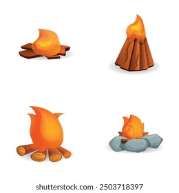 Forest bonfire icons set cartoon vector. Burning fire. Campfire