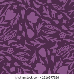 Forest botanic silhouettes seamless doodle pattern. Purple tones dark stylized artwork. Great for wallpaper, textile, wrapping paper, fabric print. Vector illustration.
