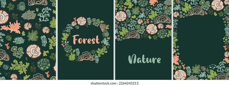 Forest botanical card set. Screen lichen, mosses, stump nature card. Woodland plants vector collection. Ecological background, poster, banner, border, wreath hand drawn design illustration.