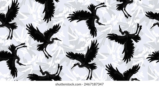 Forest botanical textile print. Big bird traditional wallpaper. Romantic charm countryside. Maximalist pattern