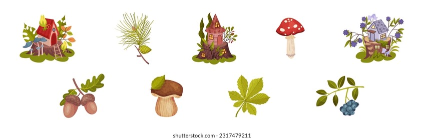 Forest Botany Element with Fairy House on Tree Stump and Twig Vector Set