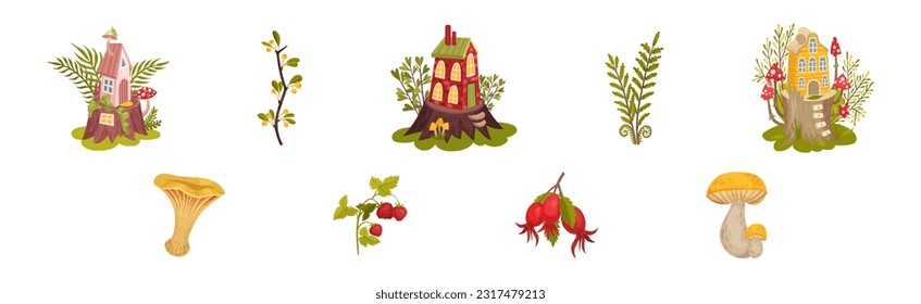 Forest Botany Element with Fairy House on Tree Stump and Twig Vector Set