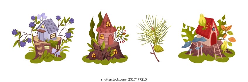 Forest Botany Element with Fairy House on Tree Stump and Twig Vector Set