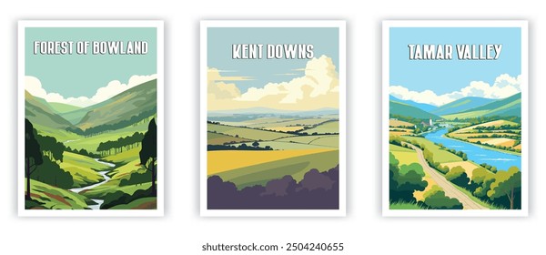 Forest of Bowland, Kent Downs, Tamar Valley Illustration Art. Travel Poster Wall Art. Minimalist Vector art