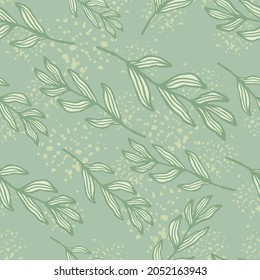 Forest branch with leaves seamless pattern on green splash background. Linear foliage backdrop. Nature wallpaper. For fabric design, textile print, wrapping, cover. Vector illustration.
