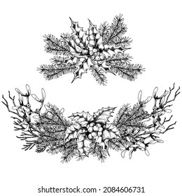 Forest branches arrangements. Black and white and drawn vector illustration.