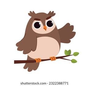 Forest brown owl vector concept. Smart character. Toy or mascot for children. Animal with wings and feathers. Fauna and wild life. Cartoon flat illustration isolated on white background