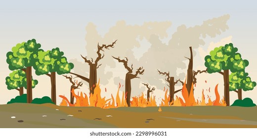 Forest burning in natural disaster concept danger poster background. beware of fire in the forest, vector illustration.