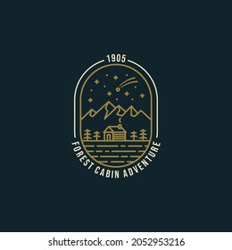 forest cabin adventure with landscape mountain night view line art badge emblem logo design vector