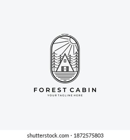 Forest Cabin, Cottage, Log House Line Art Logo Vector Design Illustration, House in the woods, a country estate in a coniferous forest, renting a house in nature, wooden house