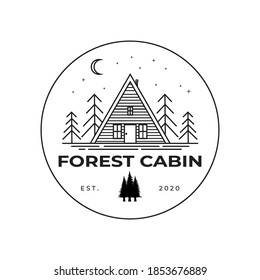 Forest cabin line art logo vector illustration design, outdoor minimalist logo design