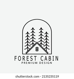 forest cabin line art monoline vintage illustration logo design