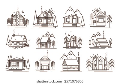 Forest cabin line icons. Rustic wooden houses, cozy cottages and mountain retreats relaxing getaway homes among trees and hills. Linear vector illustrations set.