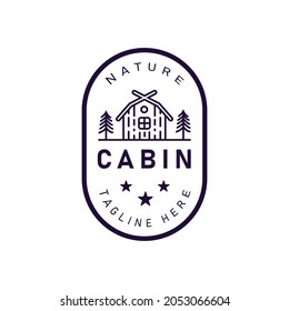 Forest cabin logo emblem vector illustration with cabin and pine trees retro hipster line art