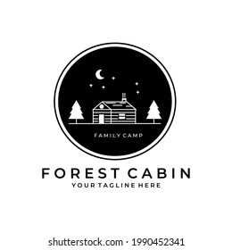 forest cabin logo vector line art badge symbol illustration design