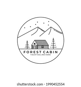forest cabin logo vector line art badge symbol illustration design