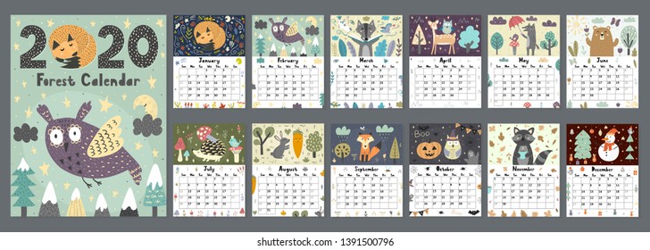 Forest calendar for 2020 year. Printable planner of 12 months with cute animals. Week starts on Sunday, 8,5x11 inches size. Vector illustration