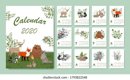 Forest calendar for 2020 year. Printable planner of 12 months with cute animals. Bear, fox, rabbit, wolf, deer, raccoo.  Cute forest animals.  Woodland characters.