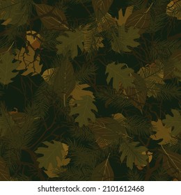Forest camouflage with branches, leaves, acorns. Pattern for hunting and fishing. Active recreation.
