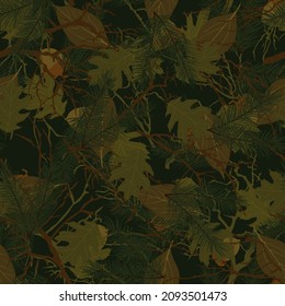 Forest camouflage with leaves, tree branches, acorns, spruce. Nature. Hunting. Print for factory products. Clothing for outdoor activities.