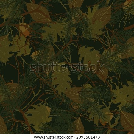 Forest camouflage with leaves, tree branches, acorns, spruce. Nature. Hunting. Print for factory products. Clothing for outdoor activities.